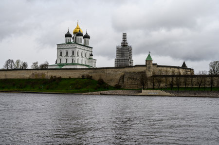 Holy Trinity Cathedral. Historic site in Pskov. Fortress wall. Pskov Krom. It is a nasty day.の写真素材