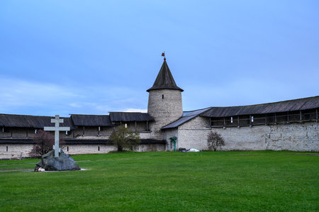 Dovmont tower. kremlin towers. Pskov, fortress wall. A beautiful evening.