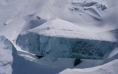 On the ice of Lake Baikal. beautiful pieces of ice. Ice hummock on the ice of lake Baikalの写真素材