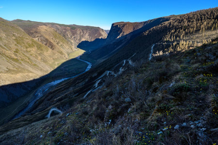 the Katu-Yaryk pass to the Chulyshman River valleyの写真素材