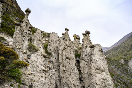 Stone mushrooms. Stone formations on the slope of a high mountain. Altai.