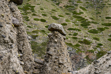 Stone mushrooms. Stone formations on the slope of a high mountain. Altai.