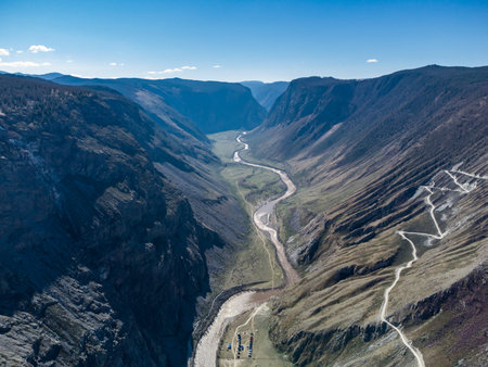 Mountain pass Katu-Yaryk. Valley of the mountain river Chulyshman. Landscape. Mountain dangerous road.の写真素材