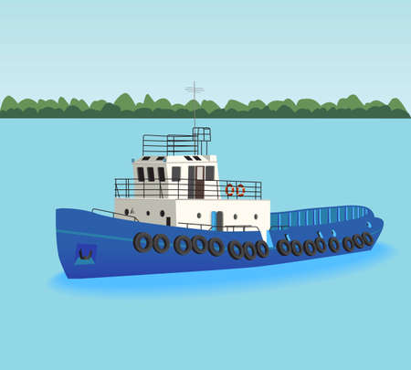 The tugboat goes on the riverのイラスト素材