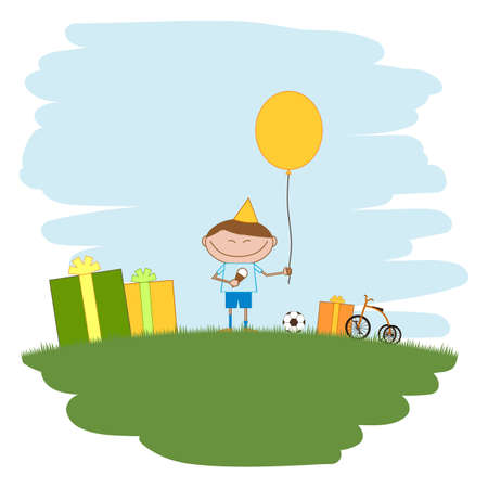 The little boy has received on birthday a bicycle, a ball and other giftsのイラスト素材