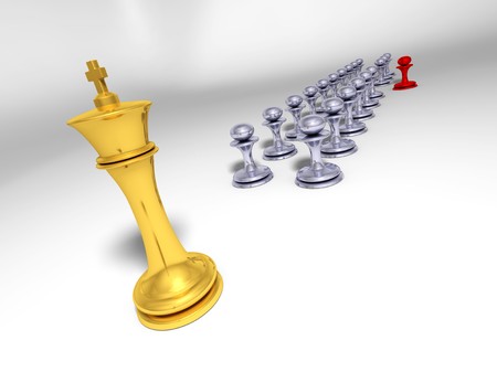 Big golden king in front of grey pawn ranks with one red pawn out of ranksの写真素材