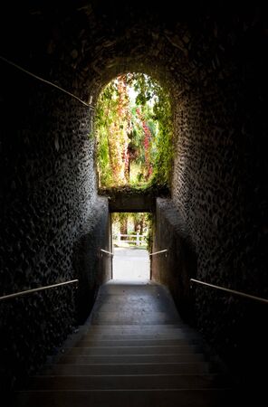 Dark stairs with a stone archway that going down in a lush gardenの写真素材