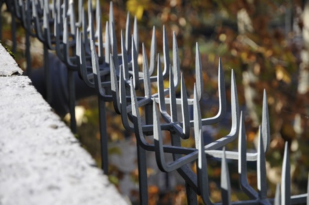 Metal spikes with autumn glowed backgroundの写真素材