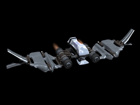 Front and up view of a StarFighter in action with a black background
