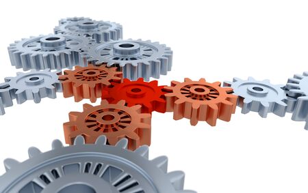Above Blurred Silver Gears Orange and Red Gears with a white backgroundの写真素材