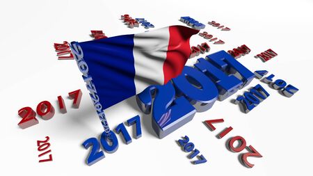 Close up on French flag in the wind with 2017 designs on a white background