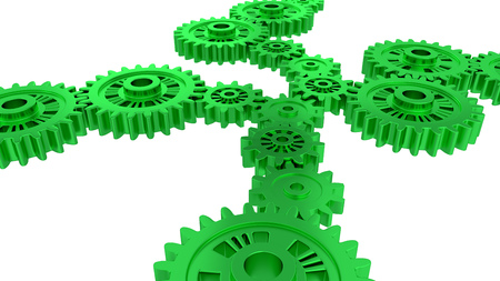 Side and Perspective View of Several Green Gears with a white backgroundの写真素材