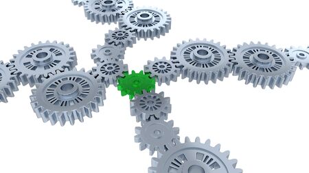 Perspective View of Several Silver Gears and One Green with a white backgroundの写真素材