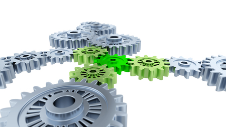 Above Blurred Silver Gears Green and Light Green Gears on a white backgroundの写真素材