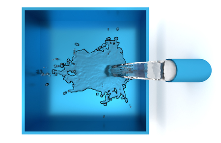 Top View of Beginning of a Blue Square Bowl fill up with Water on a White Backgroundの写真素材