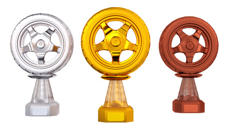 Front view of Gold Wheel Sport Silver and Bronze Trophies with a white background