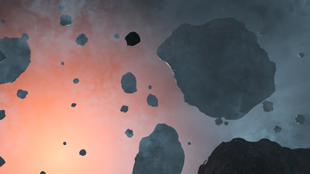 Some Large and Small Asteroid rocks inside a light blue fog with the red glow of a starの写真素材