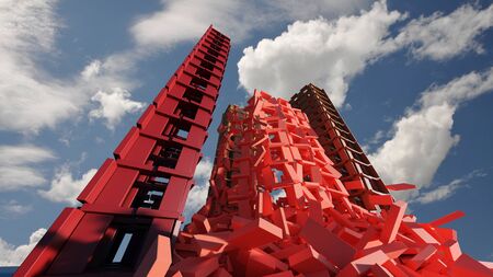 End of falling down of principal tower of blocks in four buildings with a blue sky and some clouds