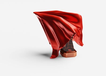 A Red shiny Fabric piece starting to take One Bronze Trophy out with a White backgroundの写真素材