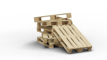 Seven wood pallet stacked in a jumble with a white background