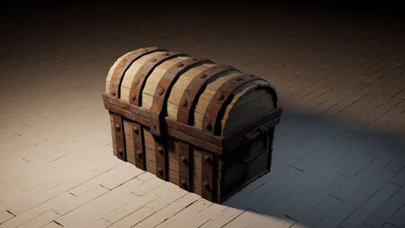 One old wood with rusty metal Chest Closed put on a white wood floor with a dark lighting