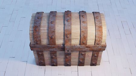Front View and close-up of an old wood with rusty metal Chest closed put on a white wood floor