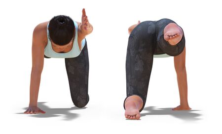 Front and Back Poses of a Woman in Yoga Sunbird Pose with a white backgroundの写真素材