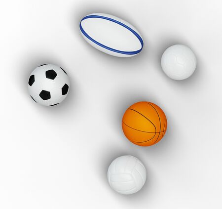 Top view of five team sport balls with a white backgroundの写真素材