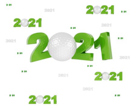 Many Golf 2021 Designs with many Balls on a White Backgroundの写真素材