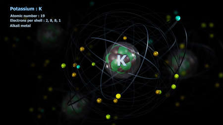 Atom of Potassium with detailed Core and its 19 Electrons with Atoms in background