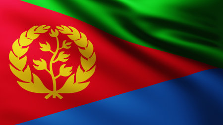Large Flag of Eritrea fullscreen background in the wind with wave patternsの写真素材
