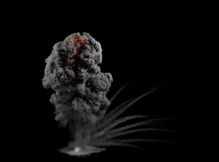 Tall Dense and light Gray Explosion Smoke with a bit of Fire on Top and some smoke trails on a black...