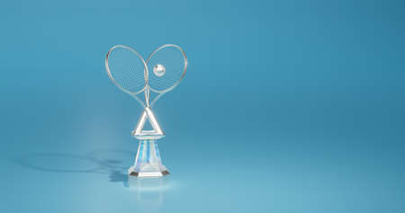 Bright Tennis Silver Trophy with Racket and Ball on a soft light blue background