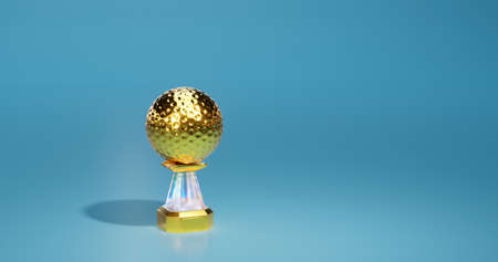 Bright Golf ball Gold Trophy with a soft light blue backgroundの写真素材