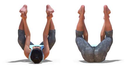 Front and Back Poses of a Woman in Yoga Happy Baby Pose with a white background