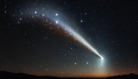 Large unknown Comet going through the Sky with a thin horizon black shape and a beautiful Stars Night in background - generated by AIの素材