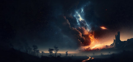 Scifi unknown Planet night Landscape in style of painting with an Orange and Blue large Nebula with Dark Mountains and some Trees silhouettes with many Stars in background - generated by AIの素材
