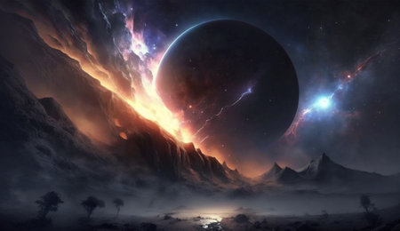 Alien Planet Panorama with Dark gray Sharp Mountains and a Giant Moon in the Sky with burning Clouds effect and a Nebula in background - generated by AIの素材