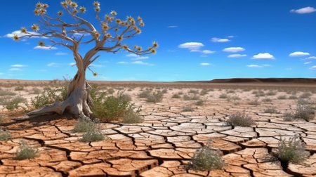 Drought landscape with one dry and dead tree and many dry tufts on a very cracked ground with a blue sky - AI Generatedの素材