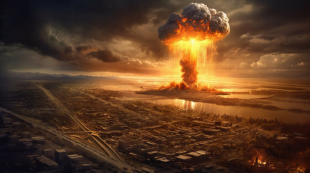 Huge Nuclear Blast in a flat medium Urban landscape with a river and a very Cloudy and Dark Sky in background - AI Generatedの素材