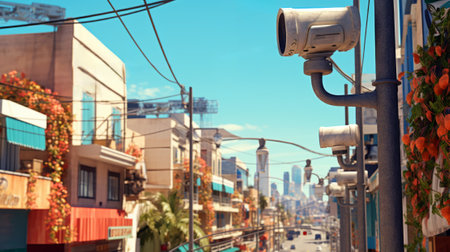 Focus on Some Surveillance Cameras along a City Street for surveillance concept with a nice day light - AI generatedの素材