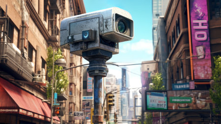 One old Surveillance Camera in a City Street with buildings and a nice day light - AI generatedの素材