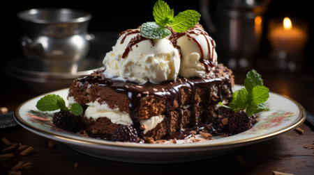 Close-up of Chocolate cake with Vanilla ice cream with a few blackberries and melted chocolate on the top presented into a plate with a blurry dinner backgroundの素材