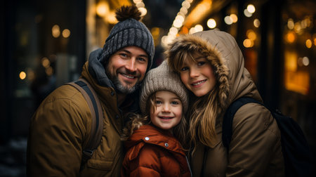 Close-up Portrait of a happy couple with their young smiling daughter with a blurry night street with lights in backgroundの素材