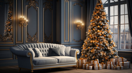 Medium view of a Large Christmas gold and white tree with many white and golden gifts beside a white sofa and sculpted walls and a morning lightの素材