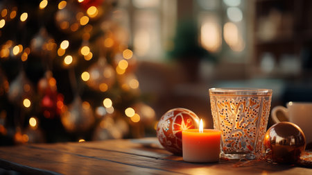 Orange Candle with some red Christmas balls put on a wood table with a blurry luminous Christmas tree in backgroundの素材