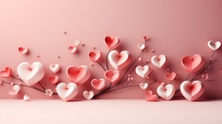Valentine day background of stylized trees with many big pink and red hearts as flowers with a soft pastel pink gradientの素材