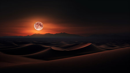 Brown Dunes landscape in the night with a red glowing full moon coming into the horizonの素材