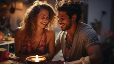 Happy and Laughing Couple of Mixed people who have dinner at home with few candles and low lightning for a romantic mood with a blurry backgroundの素材