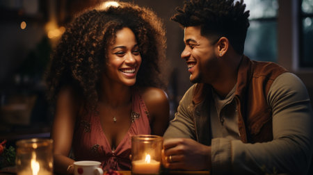Happy and Smiling Couple of Black people who have dinner with a few candles for a romantic mood with a blurry backgroundの素材